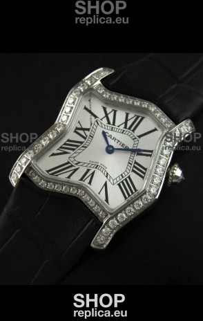 Cartier Tank Folle Ladies Replica Watch in Steel Case/Black Strap