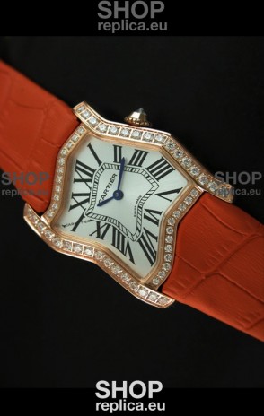 Cartier Tank Folle Ladies Replica Watch in Yellow Gold Case/Orange Strap