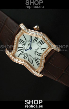 Cartier Tank Folle Ladies Replica Watch in Yellow Gold Case/Brown Strap