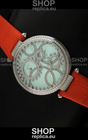Cartier Replica Watch with Diamonds Embedded Dial Bezel in Steel Case/Orange Strap