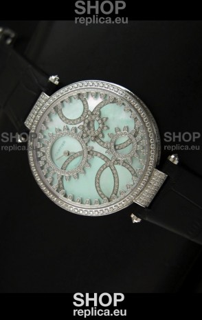 Cartier Replica Watch with Diamonds Embedded Dial Bezel in Steel Case/Black Strap