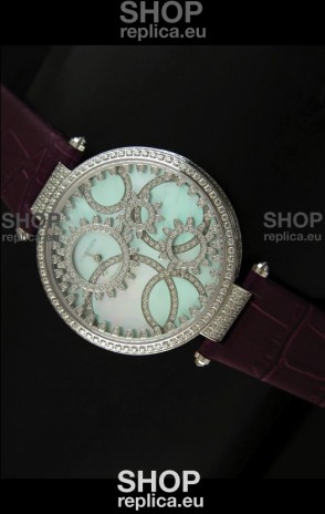 Cartier Replica Watch with Diamonds Embedded Dial Bezel in Steel Case/Maroon Strap