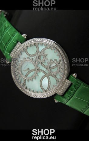 Cartier Replica Watch with Diamonds Embedded Dial Bezel in Steel Case/Green Strap