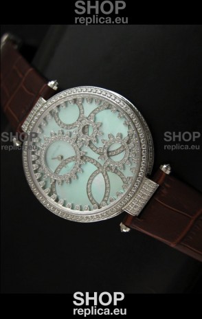 Cartier Replica Watch with Diamonds Embedded Dial Bezel in Steel Case/Brown Strap