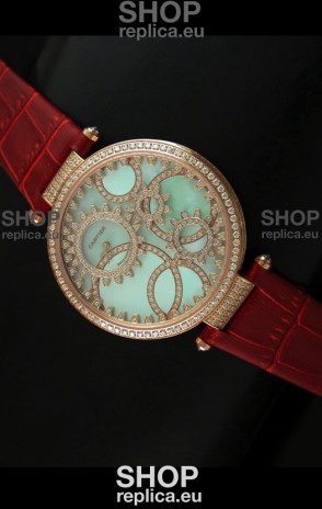 Cartier Replica Watch with Diamonds Embedded Dial Bezel in Gold Case/Brown Strap