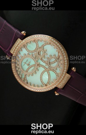 Cartier Replica Watch with Diamonds Embedded Dial Bezel in Gold Case/Maroon Strap