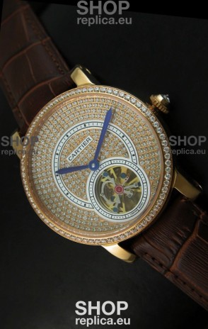 Ronde De Cartier Tourbillon Replica Watch Pink Gold Case - Dark Brown Strap