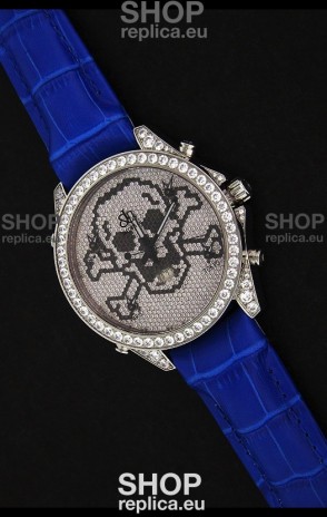 Five Time Zones J&C Skull Japanese Quartz in Full Diamonds