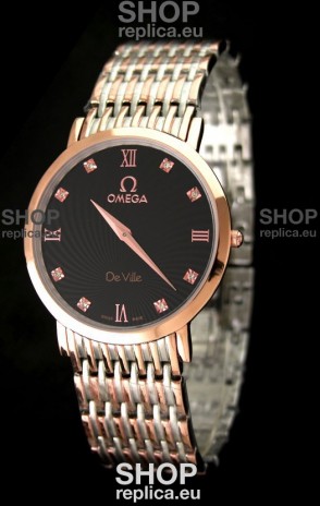 Omega DeVelie Japanese Replica Rose Gold Watch in Black Dial