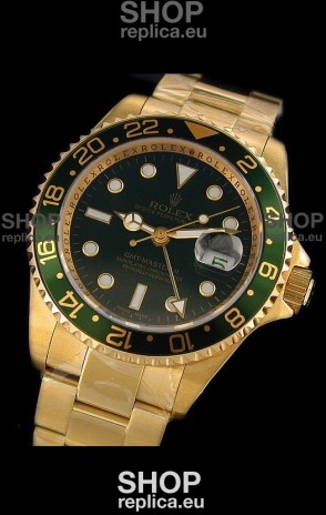 Rolex GMT Master II Swiss Replica Gold Watch in Green Bezel