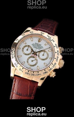 Rolex Daytona Cosmograph Swiss Replica Gold Watch in Brown Leather Strap