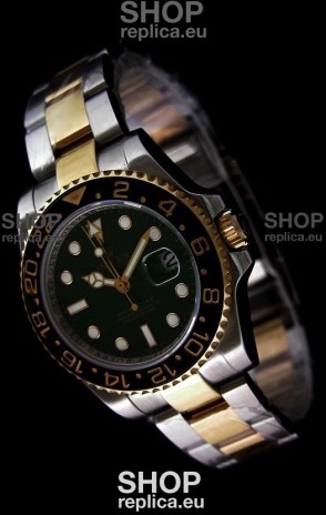 Rolex GMT Master II Swiss Replica Two Tone Gold Watch in Black Ceramic Bezel