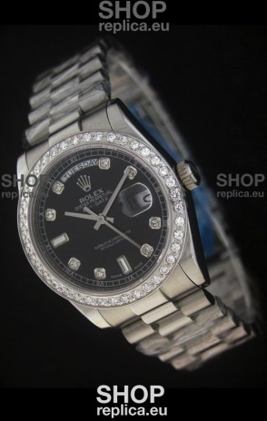 Rolex Day Date Just swiss Replica Black Watch in Full Diamond Bezel