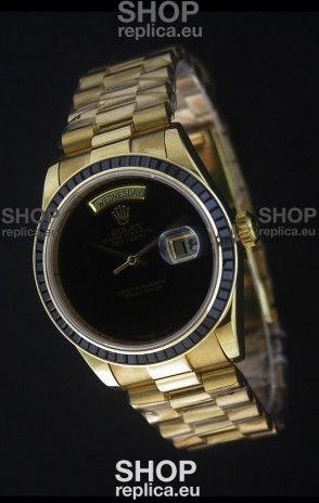 Rolex Day Date Just Japanese Replica Yellow Gold Watch in Black Dial