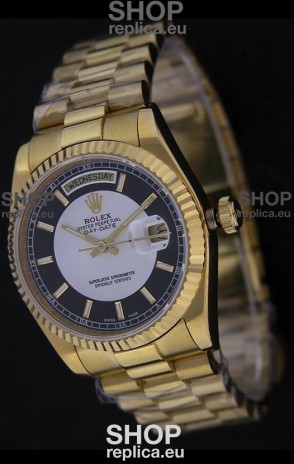 Rolex Day Date Just Japanese Replica Yellow Gold Watch in Black & White Dial