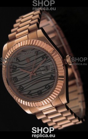 Rolex Oyster Perpetual Day Date Japanese Replica Pink Gold Watch in Waves Pattern Dial