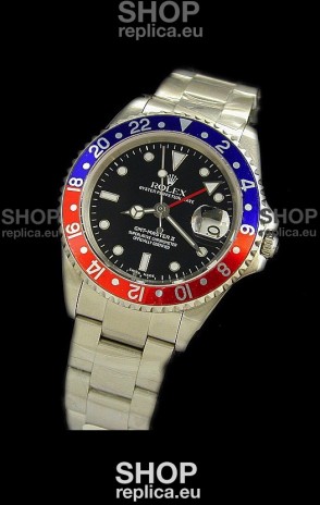Rolex GMT Master II Swiss Replica Steel Watch in Red and Blue Bezel 