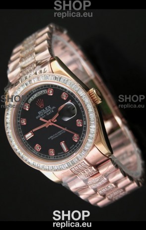 Rolex Oyster Perpetual Day Date Swiss Rose Gold Automatic Watch in Black Dial