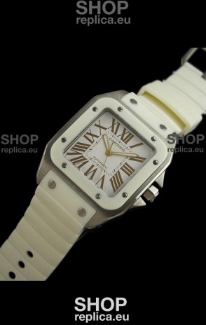 Cartier Santos Swiss Replica Automatic Watch in White Strap