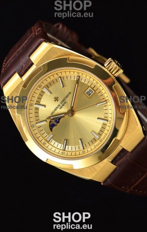 Vacheron Constantin Overseas MoonPhase Yellow Gold Swiss Watch in Brown Strap