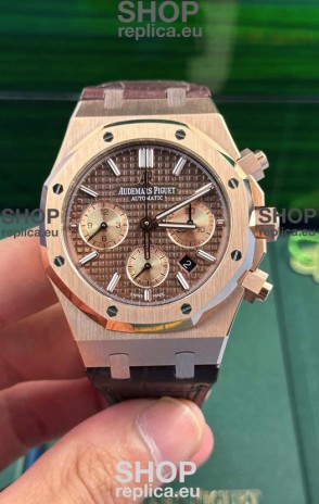 Audemars Piguet Royal Oak Chronograph Rose Gold Brown Dial Leather Strap Swiss Replica Watch