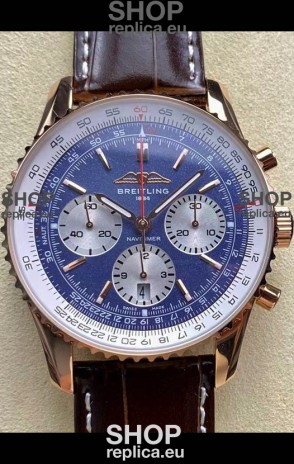 Breitling Navitimer B01 Chronograph 43 Blue Dial - Rose Gold Plated Casing 1:1 Mirror Swiss Replica