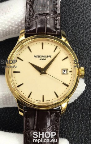 Patek Philippe Calatrava 5227J-001 Pale Yellow Dial 1:1 Mirror Swiss Replica Yellow Gold Casing