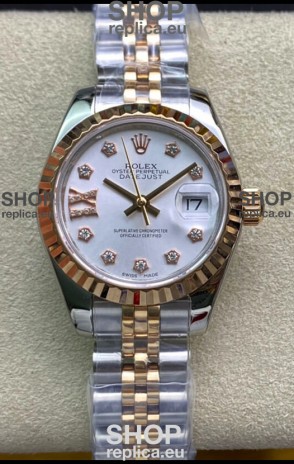 Rolex Datejust 28MM Swiss Replica in 904L Steel 2 Tone Rose Gold in White Dial - 1:1 Mirror Replica