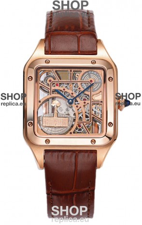 Cartier Santos Dumont Skeleton Rose Gold Watch in Brown Leather Strap 43.5MM