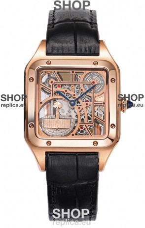 Cartier Santos Dumont Skeleton Rose Gold Watch in Black Leather Strap 43.5MM