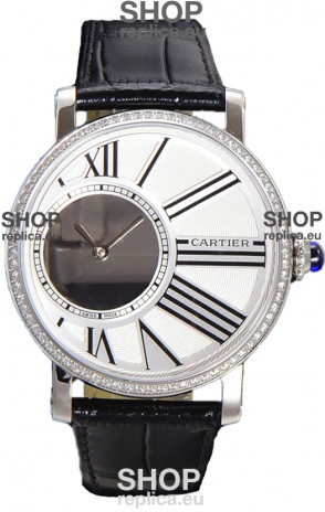 Rotonde De Cartier in Stainless Steel Casing - Leather Strap Swiss Quartz Replica Watch 