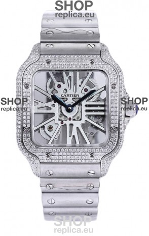 Santos De Cartier Watch in Skeleton Dial - Diamonds Bezel in Steel Casing & Strap Swiss Replica