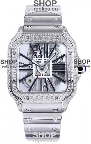 Santos De Cartier Watch in Skeleton Dial - Diamonds Bezel in Steel Casing Swiss Replica