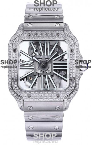 Santos De Cartier Watch in Skeleton Dial - Diamonds Bezel in Steel Casing Swiss Replica