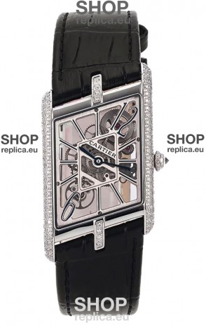 Cartier Tank Asymétrique Stainless Steel Casing Diamonds Bezel Watch in Leather Strap Swiss Replica