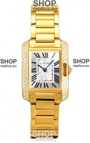 Cartier Tank Anglaise Yellow Gold Watch in Steel Strap Diamonds Bezel Swiss Quartz Watch 30MM