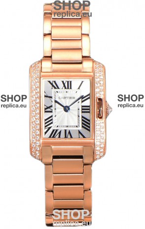 Cartier Tank Anglaise Rose Gold Watch in Steel Strap Diamonds Bezel Swiss Quartz Watch 30MM