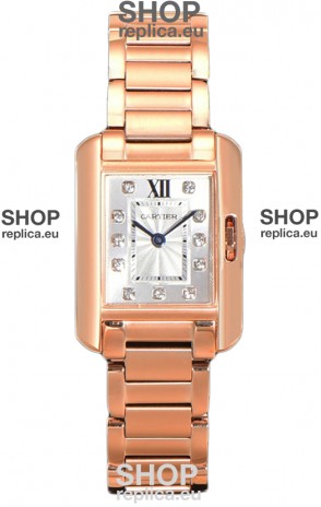 Cartier Tank Anglaise Rose Gold Watch in Steel Strap Diamonds Markers Swiss Quartz Watch 30MM