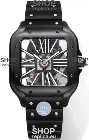 Santos De Cartier Watch in Skeleton Dial - DLC Coated Casing & Bezel in Rubber Strap