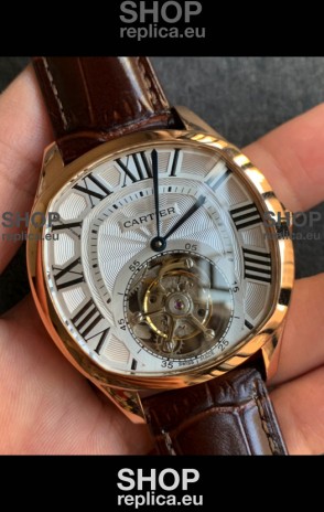 Drive De Cartier Yellow Gold Tourbillon Super clone Replica Watch in White Dial 