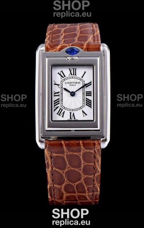 Cartier Tank Reversible Swiss Quartz Replica Watch in Steel Casing - Brown Strap