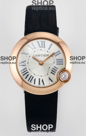 Ballon Blanc De Cartier Super Clone Watch 30MM in Rose Gold Casing Black Strap