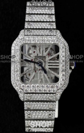 Santos De Cartier Watch in Skeleton Dial - MOSSANITES Paved Edition Swiss Replica Watch