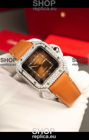 Santos De Cartier Watch in Brown Dial 39.50MM MOSSANITES Paved Bezel Swiss Replica Watch