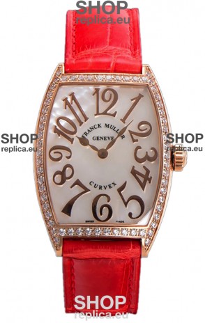 Franck Muller Cintree Curvex Mother of Pearl Dial Watch in Rose Gold Plating - Red Strap 