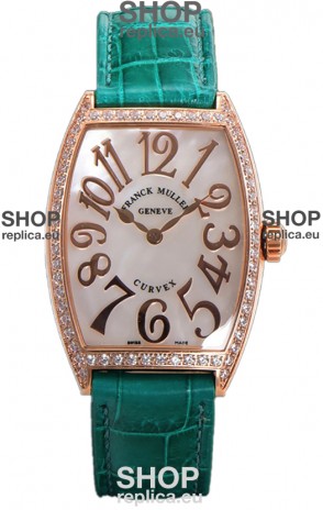 Franck Muller Cintree Curvex Mother of Pearl Dial Watch in Rose Gold Plating - Green Strap 