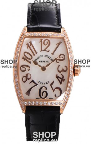 Franck Muller Cintree Curvex Mother of Pearl Dial Watch in Rose Gold Plating - Black Strap 