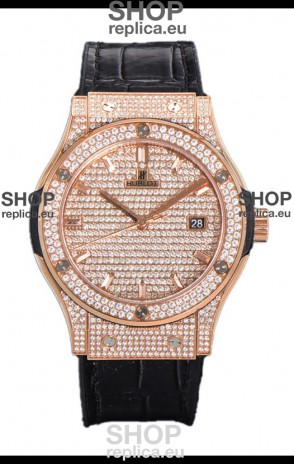 Hublot Classic Fusion Automatic Rose Gold Diamonds Paved Dial Grey Strap 42MM Superclone Replica Watch 
