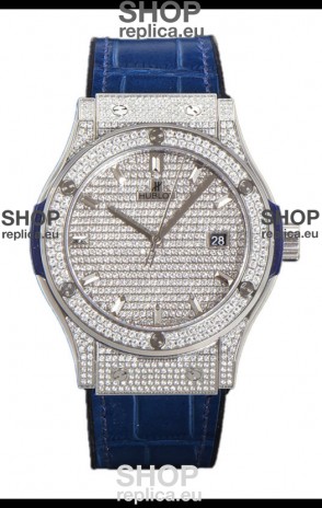 Hublot Classic Fusion Automatic Steel Diamonds Paved Dial Blue Strap 42MM Superclone Replica Watch 