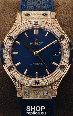 Hublot Classic Fusion Diamonds Rose Gold Blue Dial 38MM Swiss Replica Watch 1:1 Mirror Quality